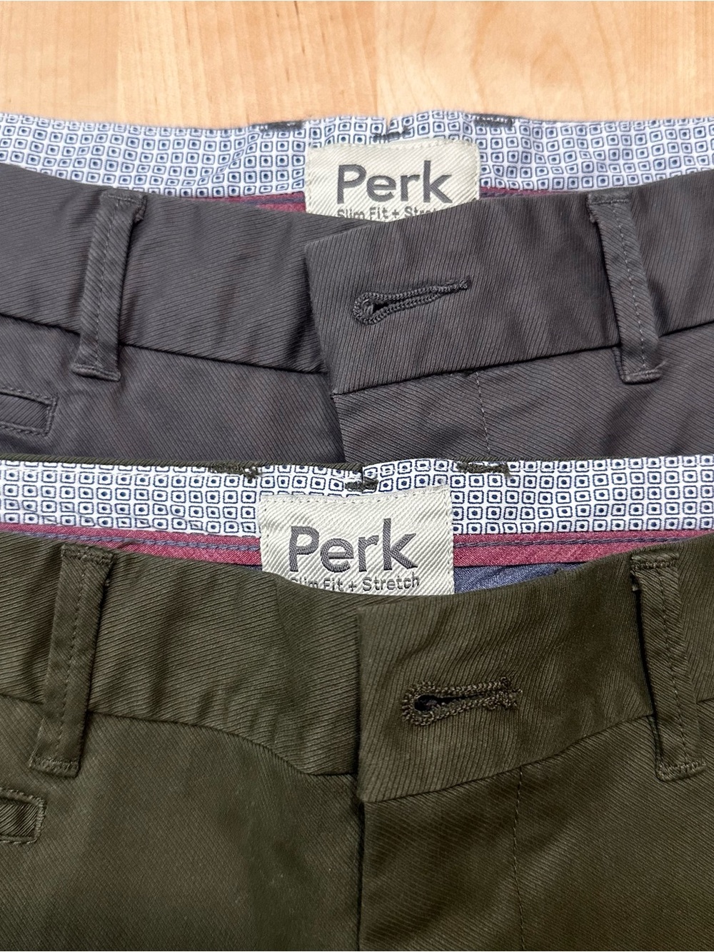 2 pair of Perk Slim Fit Stretch Chinos in Gray and Olive 33x30